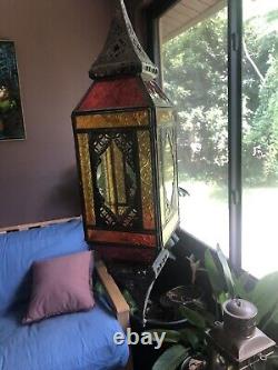 Antique Morrocan Hanging Lamp Lantern Stained Glass Colorful Rustic Boho 21in