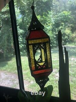 Antique Morrocan Hanging Lamp Lantern Stained Glass Colorful Rustic Boho 21in