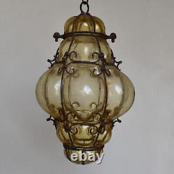 Antique Murano Hand Blown Caged Glass Lantern Ceiling Light Vintage Italy
