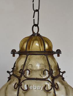Antique Murano Hand Blown Caged Glass Lantern Ceiling Light Vintage Italy