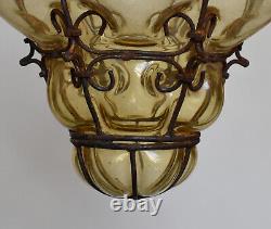 Antique Murano Hand Blown Caged Glass Lantern Ceiling Light Vintage Italy