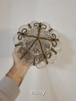 Antique Murano Hand Blown Caged Glass Lantern Ceiling Light Vintage Italy -see