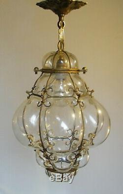 Antique Murano Hand Blown Caged Glass Lantern Hanging Ceiling Light Vintage