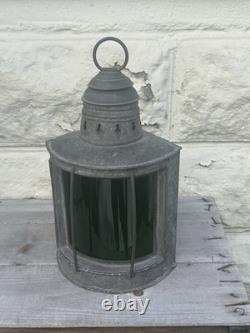 Antique Nautical Marine Lantern Green Glass Lake Erie Vintage Galvanized Steel