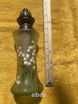 Antique Oil Lamp W & W Kosmos Brass Burner Green Glass Hand Painted