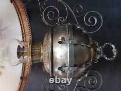 Antique Ornate Brass & Iron B & H Oil Lantern with Chain Yoke