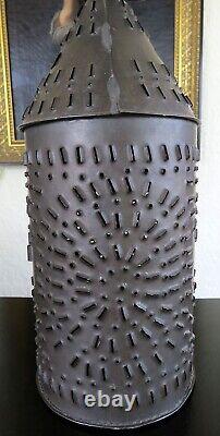 Antique PIERCED TIN Punched Design Candle LANTERN Rustic Primitive Solid Used