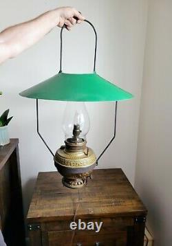 Antique P&A General Store Hanging Oil Lamp with Huge Solid Tin Shade 33 x 21