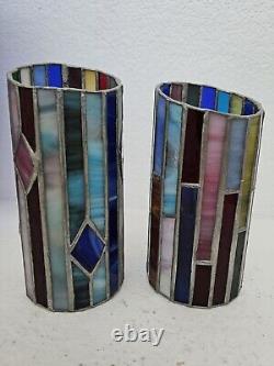 Antique Pair French Art Deco Stained Glass Candle Scounces / Lanterns /Holders