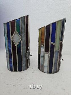 Antique Pair French Art Deco Stained Glass Candle Scounces / Lanterns /Holders