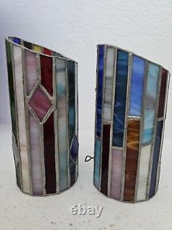 Antique Pair French Art Deco Stained Glass Candle Scounces / Lanterns /Holders