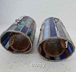 Antique Pair French Art Deco Stained Glass Candle Scounces / Lanterns /Holders