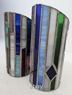 Antique Pair French Art Deco Stained Glass Candle Scounces / Lanterns /Holders