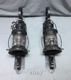 Antique Pair Large Metal Exterior Brass Nautical Glass Lanterns Old VTG 1258-24B