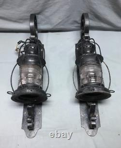 Antique Pair Large Metal Exterior Brass Nautical Glass Lanterns Old VTG 1258-24B
