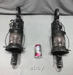 Antique Pair Large Metal Exterior Brass Nautical Glass Lanterns Old VTG 1258-24B