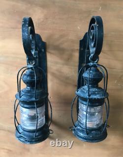 Antique Pair Large Metal Exterior Brass Nautical Glass Lanterns Old VTG 1258-24B