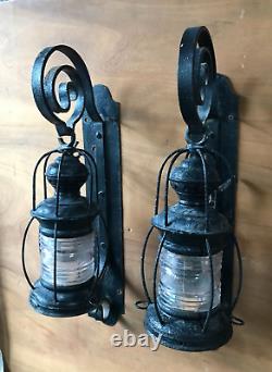 Antique Pair Large Metal Exterior Brass Nautical Glass Lanterns Old VTG 1258-24B