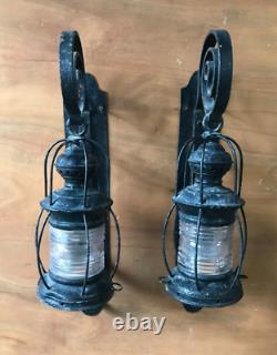 Antique Pair Large Metal Exterior Brass Nautical Glass Lanterns Old VTG 1258-24B