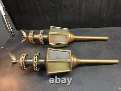 Antique Pair of Brass Coach Carraige Lamps Funeral Hearse Oil Lantern 24in Eagle