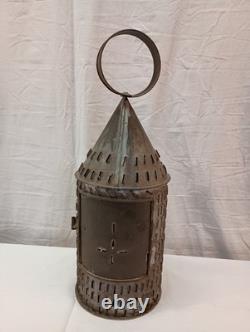 Antique Pierced Tin Candle Lantern 17 tall