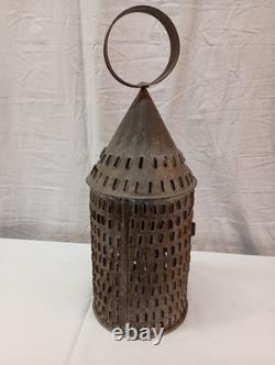 Antique Pierced Tin Candle Lantern 17 tall