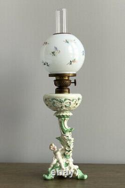 Antique Porcelain Figural P & A Mfg Co Oil Lamp Dresden Style Painted Globe GWTW