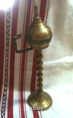 Antique Primitive Bronze Olive Oil Kerosene Lamp Lantern-original-1900-27 Cm-rr