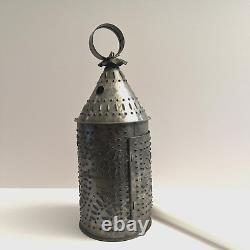 Antique Primitive Punched Tin Candle Lantern 13 with Candles Nice Piece