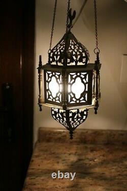 Antique Rare Moroccan Brass and Glass Lantern Islamic Mosque Hanging Pendant