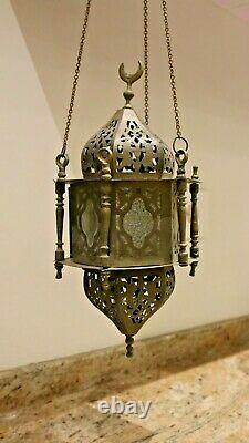 Antique Rare Moroccan Brass and Glass Lantern Islamic Mosque Hanging Pendant