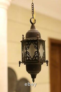 Antique Rare ottoman Brass and Glass Lantern Islamic Mosque Hanging Ramadan