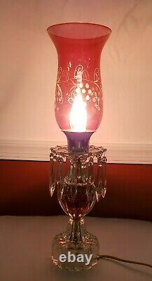 Antique Red Cut To Clear Crystal Ruby Center Lamp Tall with Prisms 17.5