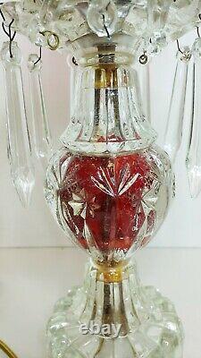 Antique Red Cut To Clear Crystal Ruby Center Lamp Tall with Prisms 17.5