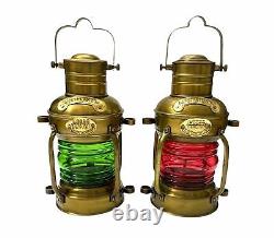 Antique Red & Green Oil Lantern Vintage Ship Oil Lamp Set of 2 Maritime Finish
