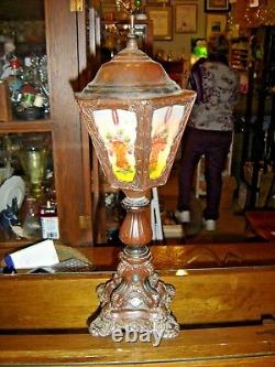 Antique Reverse Painted Lantern Lamp. The ribbed glass has baskets, flowers 7969