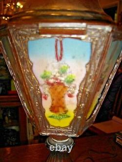 Antique Reverse Painted Lantern Lamp. The ribbed glass has baskets, flowers 7969