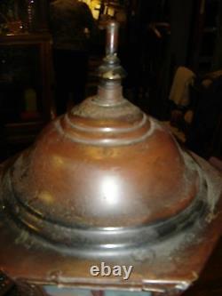 Antique Reverse Painted Lantern Lamp. The ribbed glass has baskets, flowers 7969