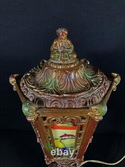 Antique Reverse Painted Lantern Lamp With Orientalist Finial Circa 1925