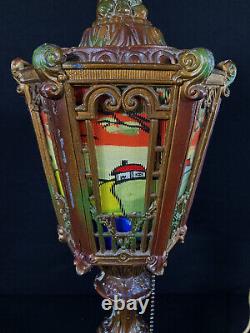 Antique Reverse Painted Lantern Lamp With Orientalist Finial Circa 1925