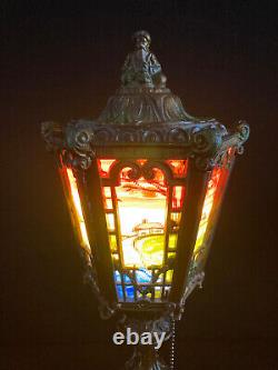 Antique Reverse Painted Lantern Lamp With Orientalist Finial Circa 1925