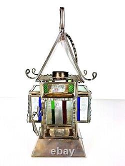 Antique Stained Glass Copper Hanging/Carry Oil Lantern Lamp