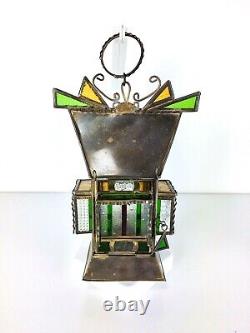 Antique Stained Glass Copper Hanging/Carry Oil Lantern Lamp