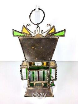 Antique Stained Glass Copper Hanging/Carry Oil Lantern Lamp