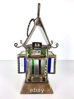 Antique Stained Glass Copper Hanging/Carry Oil Lantern Lamp