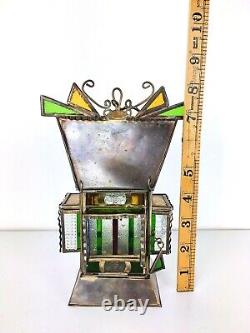 Antique Stained Glass Copper Hanging/Carry Oil Lantern Lamp