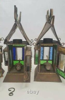 Antique Stained Glass Copper Hanging/Carry Oil Lantern Lamps lot of 4