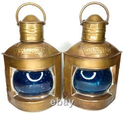 Antique Starboard Lantern Set Of 2 Brass Blue Glass Will & Finck USA 1900s