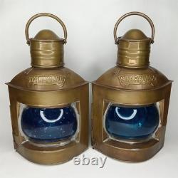 Antique Starboard Lantern Set Of 2 Brass Blue Glass Will & Finck USA 1900s Antique Starboard Lantern Set Of 2 Brass Blue Glass Will & Finck USA 1900s