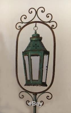Antique Style Green Wrought Iron metal Floor Standing Candle Lantern Lamp